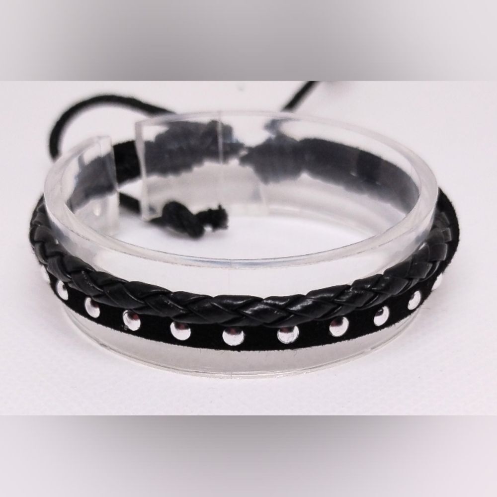Men's bracelet leather braided layered black new e79